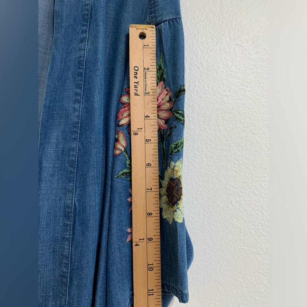 XL Chambray Floral Embroidered Open Front Cardigan Kimono Boho Spring Coastal - Picture 16 of 16